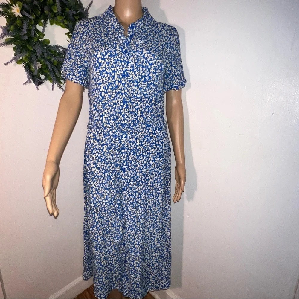 Marquis, S,pocketed leaf print full button front‎ cuff short sleeve belted midi